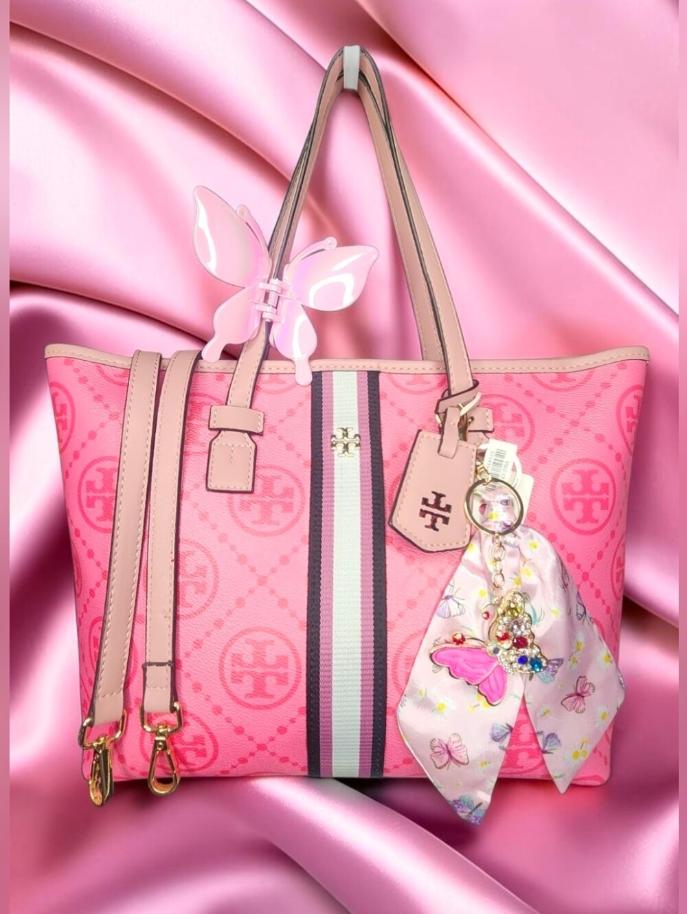 Tory Burch Pink Gemini Link Canvas Tote Bag With NWT Charms - Picture 3 of 16